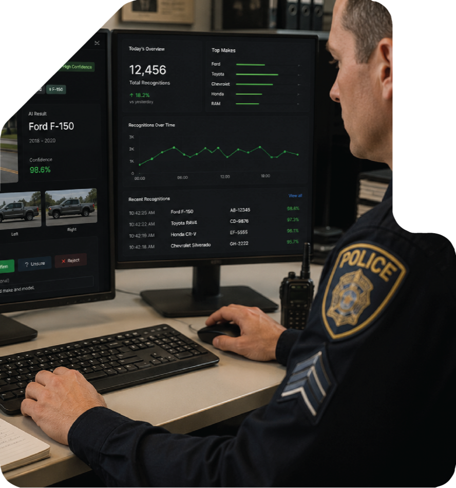 A uniformed police officer at a desk reviewing vehicle-recognition results on two monitors, with accept, unsure and reject controls visible on screen.